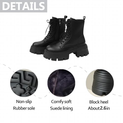 Womens Leather Chunky Platform Lace-Up Ankle Boots Fashion Comfortable Wide Round Toe Block Heel Lug Sole Goth Combat Booties With Side Zipper For Business Work Dress3
