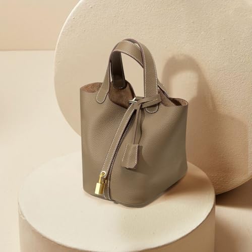 Trumpet Women's Handbag, Genuine Leather Lock Design Bucket Bag Vegetable Basket, Leather Lychee Pattern20254