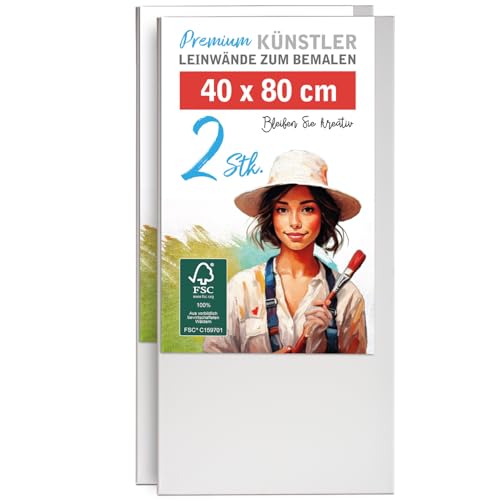 2er-Set Leinwand zum Bemalen 40x80cm groß - 100% Baumwolle 280g/m², 2-fach grundiert, FSC® Holz-Keilrahmen 17mm, für Acrylfarbe, Aquarell, Öl & Gouache