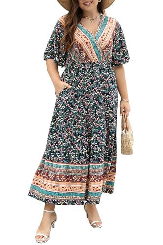 Image of Keluummi Plus Size Maxi Dress for Women V-Neck Floral Empire Waist 3 /4 Sleeve with Pockets