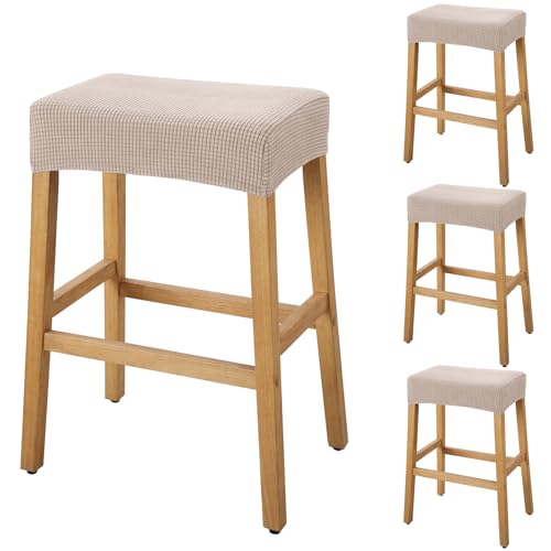 Image of YISUN Stool Covers Rectangle - 4 Pack Stretch Waterproof Saddle Seat Cover Counter Bar Stools Bar Chairs Covers Kitchen Island Chairs Cushion Protector (4, Khaki)