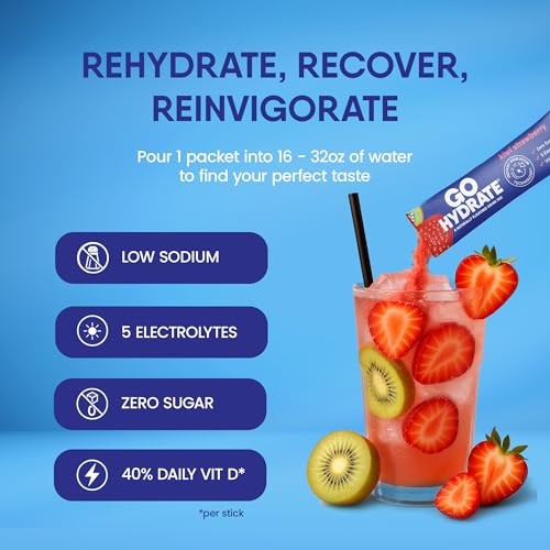 Image of GoHydrate Instant Hydration Powder Packets - Low Sodium Electrolytes Drink Mix - Natural Hydration Support, Sugar Free Electrolyte Flavored Powder Drink with Vitamin D, 30 Packs, Kiwi Strawberry