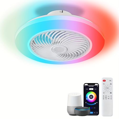 Luyaim Moderno 49CM Infantil Ventilador de Techo con Luz LED RGB Regulable y Altavoz Bluetooth - Motor DC Silencioso, 6 Velocidades, Temporizador, APP y Mando, Alexa/Google para Niños Fiestas