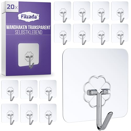 Filzada® 20x Klebehaken Extra Stark - bis 10kg- Haken Selbstklebend 60x60 mm - Transparente Haken - Klebehaken Transparent für Bad, Küche und mehr - Wandhaken Selbstklebend - Aufhänger
