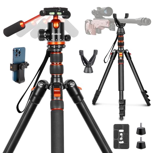 Nietoto 68' Ball Head Camera Tripod & Monopods, 360° Smooth Rotation V-Yoke Rifle Shooting Tripod & Hunting Stick, Heavy Duty Tripod for Camera and Outdoor Hunting with 16.5' Min Size and Carry Bag