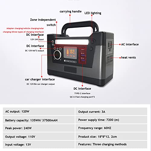 Centrale électrique Portable 37500mAh/135Wh AC/DC/USB/Type-C, générateur Solaire de Stockage d'énergie Mobile avec écran LCD pour Camping, Aventures en Plein air, Voyages en campin