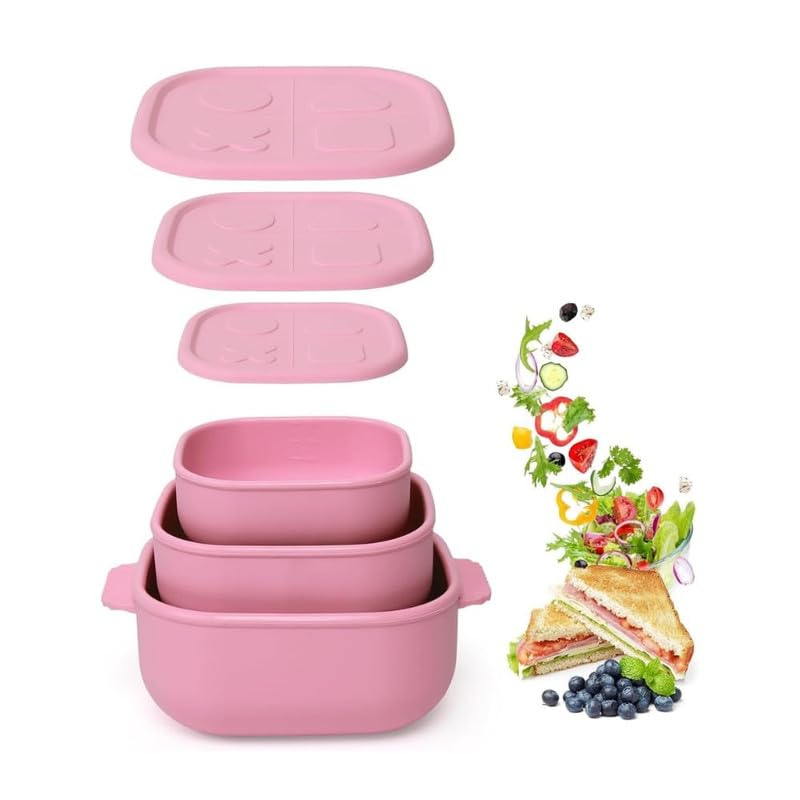 silicone food storage box 3 pcs set | bpa free leakproof lunch box | baby & toddler snack container | microwave freezer safe nesting tiffin set (pink)