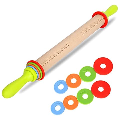 BYbrutek Adjustable Rolling Pin for Baking, with 4 Removable Rings and Handle, Non-Stick Baking Accessories, Made of Beech Wood, 36 cm Cover