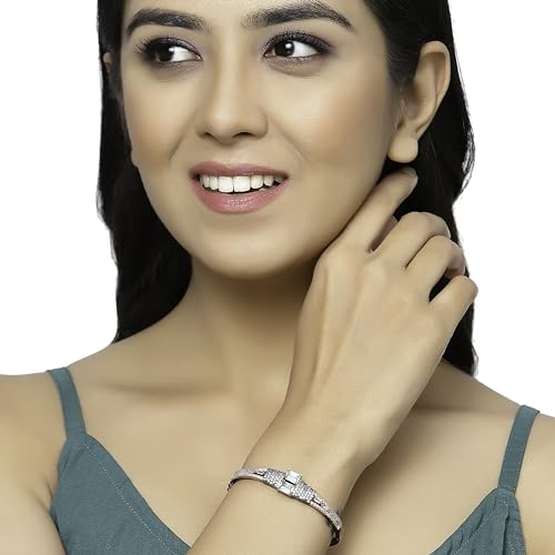 Image of ZENEME Rhodium-Plated Square Shaped American Diamond Studded Kada Bracelet For Girls and Women