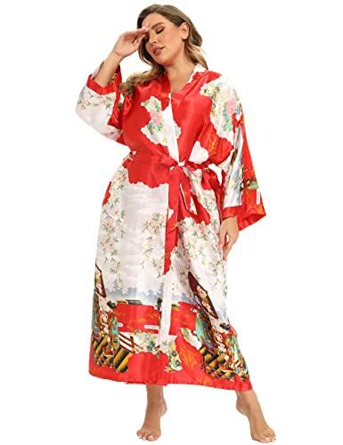 Image of Women's Floral Long Satin Robes Plus Size Long Silk Robes Peacock Floral Kimonos Sleepwear Dressing Gown