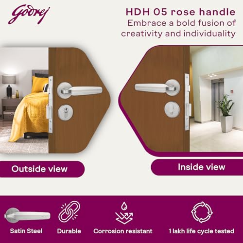 Image of Godrej Mortise Lock|Handle Lock Set for Main & Bedroom Door|HDH 05 Rossette Home Decor Handle|Matte Antique Brass Finish|9 Inch Lockbody|70 mm 1CK Cylinder - Knob from Inside & 3 Keys | 5 Y Warranty