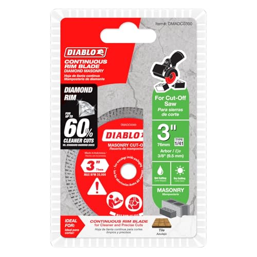 Diablo Diamond Continuous Rim Masonry Cuf-Off Disc - Ideal Use for Granite, Marble, Porcelain and Tile - 3 in Diameter, 3/8 in Arbor, 1/41 Hub Type - DMADC0300