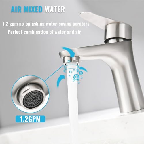 Single Handle Bathroom Faucet, Brushed Nickel Stainless Steel Bathroom Sink Faucet, Commercial Bathroom Faucets,1 Hole Deck Mount RV Mixer Tap Lavatory Vanity Sink Faucet with Supply Lines KMBF008L-1
