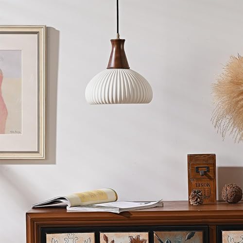 Lampe suspendue céramique blanche et noyer rétro style japonais - 6