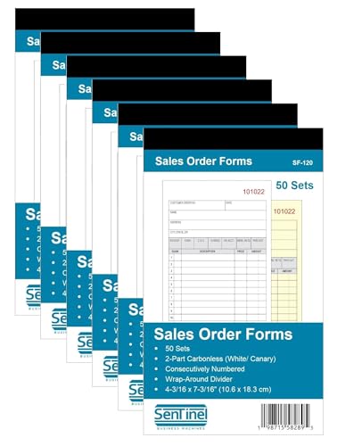 Sentinel Sales Order Forms, 6 Books of 50 Sets (300 Sets Total) 2-Part Carbonless (White/Canary), 4-3/16 x 7-3/16 Inches, Wraparound Cover