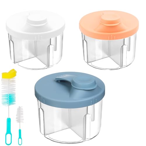 Sebudion Baby Formula Powder Dispenser 3 Pcs Baby Milk Powder Dispenser Pots 2 Pcs Cleaning Brush 4 Compartment Formula Storage with Swivel Lid Suitable for Traveling Outdoor