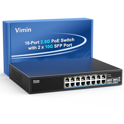 Image of 16 Port 2.5G PoE Switch Unmanaged with 2X 10Gbps SFP, VIMIN 16x 2.5G Base-T PoE Ports, 10G SFP PoE Switch w / 120Gbps Ethernet Switching Capacity, IEEE802.3af /at, 250W, VLAN, Metal Housing, Fanless