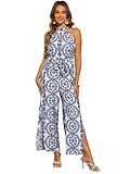 Allegra K Casual Sleeveless Jumpsuit for Women's Boho Pattern Tie Halter Neck Beach Slit Wide Leg Pants Medium Blue