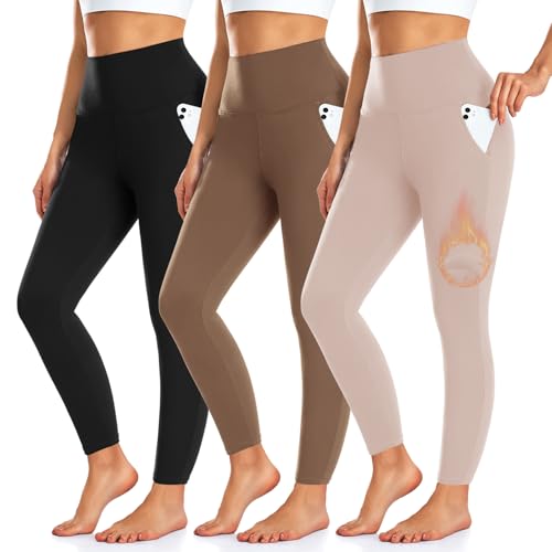 3 Pack Fleece Lined Leggings Women with Pockets -Warm Winter Yoga Pants for Women Thermal Running Workout Leggings