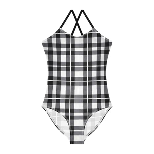 Black White Checked Pattern Girls One Piece Swimsuits Quick Dry Beach Swimwear Bathing Suit - Main Image