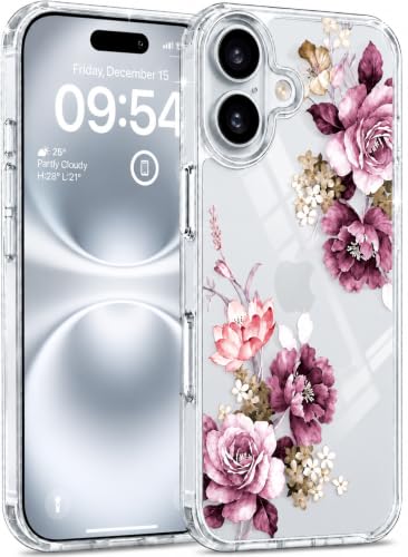 Image of Elzzi Clear Transparent Flower Cover for iPhone 16 Case Shockproof Floral Design Full Camera Protection Shockproof PC+TPU Cover Clear for Girls & Women (Deep with Leaf)