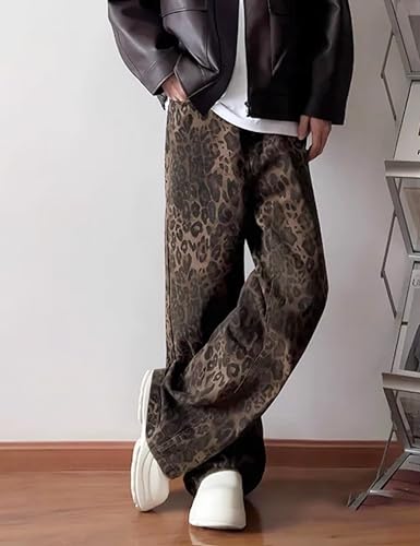 Mens Leopard Print Baggy Jeans Y2K Grunge Vintage Cheetah Pants Straight Legs Hip Hop Jeans4