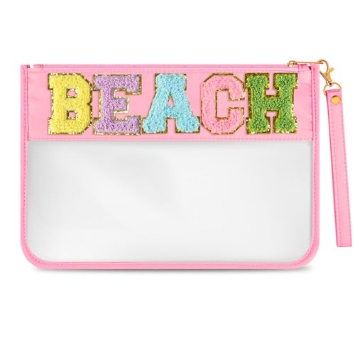 Morcheiong Chenille Letter Bag Cute Clear Zipper Stuff Pouch Portable Multi-purpose PVC and Nylon Makeup Bag with Handle for Travel Gym BeachPink Beach