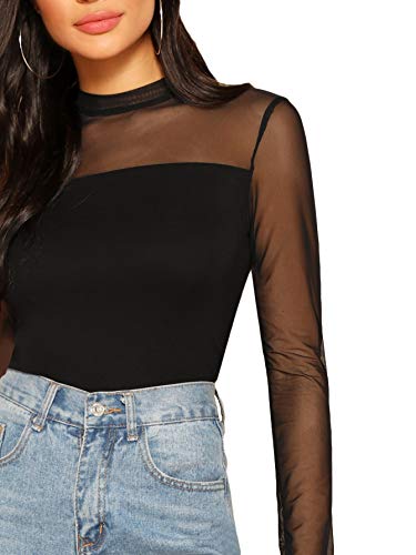 SweatyRocks Women's Elegant Long Sleeve Contrast Sheer Mesh Slim Fit T Shirt Tops Black #1 S