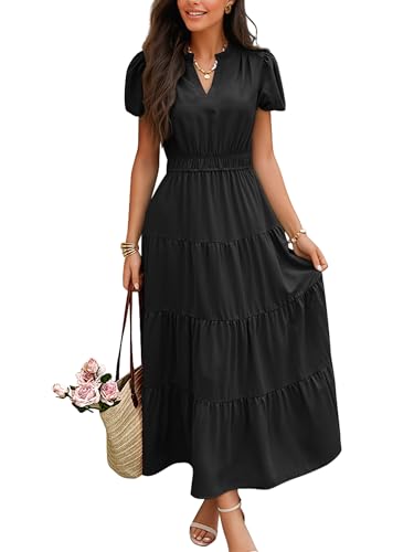 Image of ECOWISH Summer Maxi Dress for Women Casual Flowy V Neck Short Sleeve A Line Empire Waist Tiered Long Dresses with Pockets
