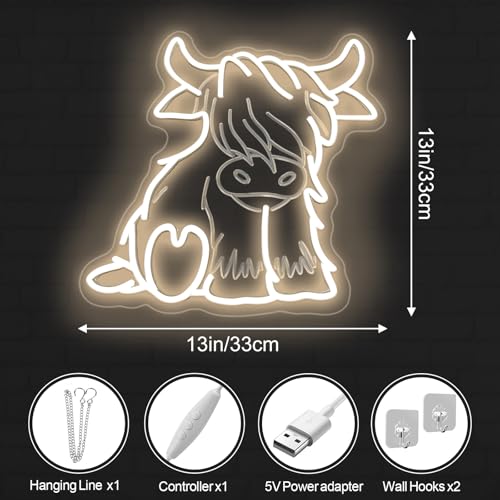 Image of Cute Highland Cow Sitting Neon Sign, Baby Cow Sign, Cute Kid Room Decor, Farmhouse Decor, Gift for Kids, 13 inchx13 inch