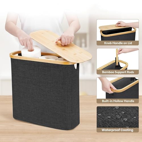 Pruite Toilet Paper Basket, Toilet Paper Storage with Bamboo Lid for Bathroom, Tissue Folding Holder Free Standing Organizer, Collapsible Fabric Bin, Holds Up to 16 Rolls, Black by Pruite - Image 4
