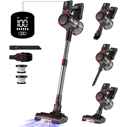 Authmic Akku Staubsauger, Staubsauger kabellos, 25000Pa Kabelloser Staubsauger, Staubsauger für Hartböden, Teppich und Tierhaare, LED Bodenbürste, bis zu 50Min