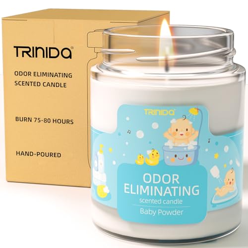 Image of TRINIDa Baby Powder Odor Eliminating Candles for Home Scented, Eliminates 99% of Pet, Smoke, Food and Other Smells Quickly, Highly Fragranced Candle, Premium Soy Candles Set for Women