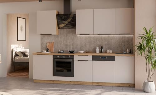 Kuechen-preisbombe Küche Solano Basic 280 cm Küchenzeile Küchenblock Einbauküche Kaschmir beige matt + Eiche Artisan matt