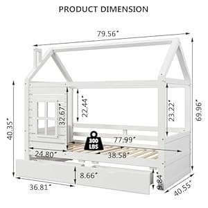 Aoowow Twin Size Kids House Bed with 2 Drawers Wooden Platform Twin Bed Frame with Window and Roof for Bedroom Modern Twin Size Kid Playhouse Bed with Slats for Boys Girls Can be Decorated White