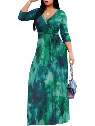 Image of Women's V Neck Floral Maxi Dress 3 /4 Sleeve Plus Size Boho Wrap Flowy Long Dresses with Belt