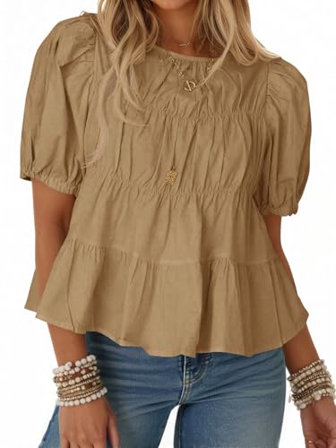 Image of Tankaneo Womens Puff Sleeve Peplum Babydoll Tops Summer Flowy Pleated Cotton T-Shirts Casual Loose Fit Cute Blouse
