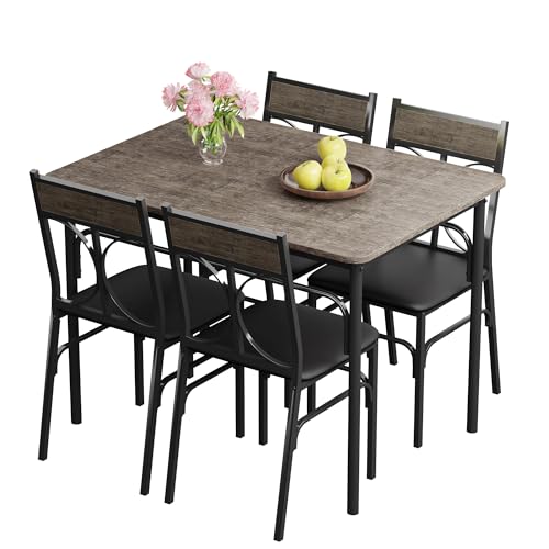 VECELO Dining Table Set for 4, Kitchen Table Set with 4 Chairs for Small Space, Space-Saving and Modern Design, Apartment, Easy to Assemble, Brown