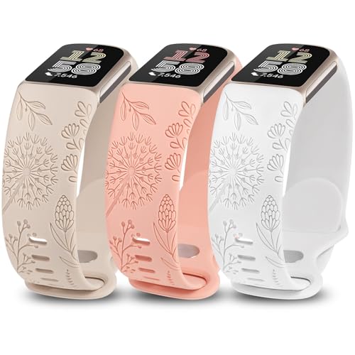 TOYOUTHS 3 Stück Löwenzahn Floral Gravierte Armband Kompatibel mit Fitbit Charge 6/Charge 5 Armband Damen, Blume Cute Weich Silikon Sport Armbänder für Charge 6, Polarstern/Pink/Weiß