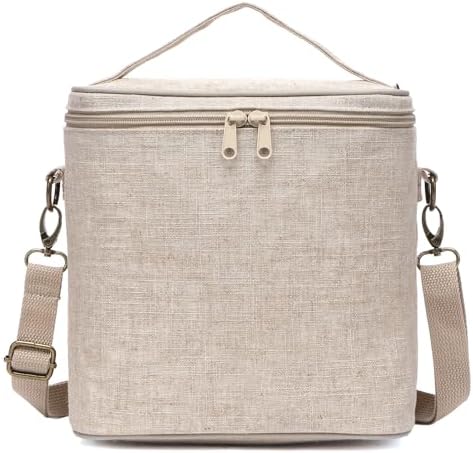 Lunch Bag for Women, Soft Linen Lunch bag with adjustable shoulder strap, Insulated Womens Lunch Bag for Work, Machine Washable Lunch Box with removable liner (Natural Color)