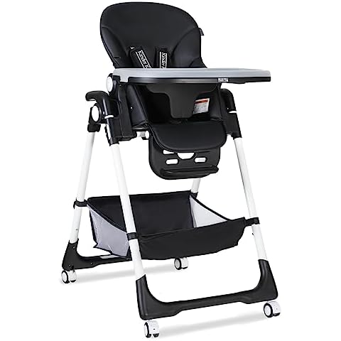 Kinder King High Chair for Babies & Toddlers, Simple Fold Highchair w/Large Storage Basket, Adjustable Height, Recline & Footrest, Detachable Double Trays, 4 Lockable Wheels, Easy to Clean, Black Cover