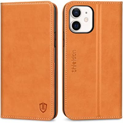 SHIELDON Case for iPhone 12/12 Pro, Genuine Leather Wallet Folio Case RFID Blocking Card Holder Kickstand Shockproof Protection Case Compatible with iPhone 12/12 Pro 5G 6.1" 2020 - Brown