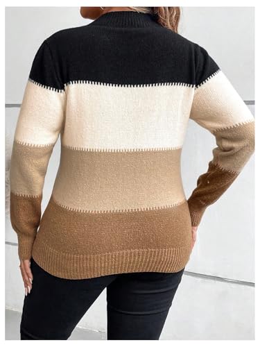 SOLY HUX Plus Size Fall Sweaters for Women Color Block Striped Mock Neck Long Sleeve Sweater Pullover Tops2