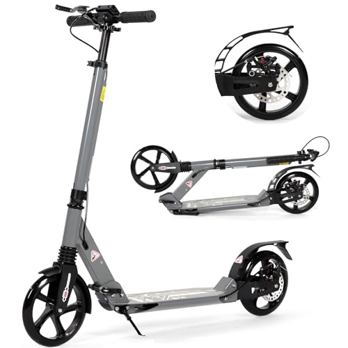 Foldable Kick Scooter for Kids Ages 8-12, 200mm Big Wheels Scooter for Adults with Disc Brakes, Adult Scooters with Carry Strap and Height Adjustable for Teenagers 11-15 (Grey)