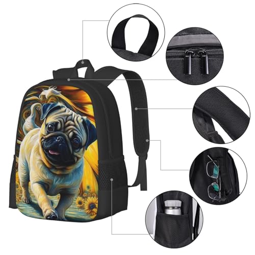 Large Capacity Painting of Pug with Yellow Sunflower Backpack Large Multipurpose Bag Double Zipper Backpack Unisex 17 Inch4