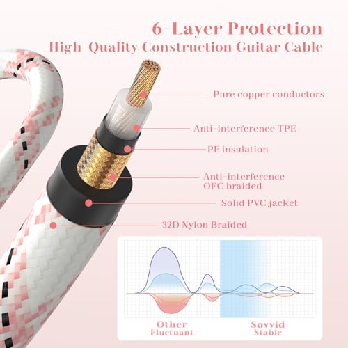 Image of 10FT Instrument Cable - Electric Guitar & Bass Cable with Right Angle 1 /4 Inch Connector - Pink White