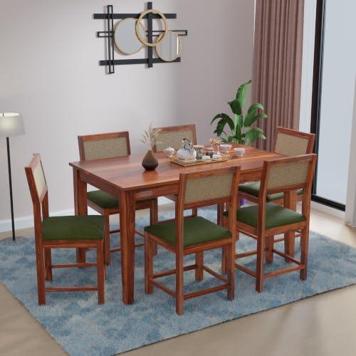 Image of DRIFTINGWOOD Amber Solid Sheesham Wood 6 Seater Dining Table Set with Rattan Back Chairs | Green Velvet Cushioned Seating for Home & Dining Room (Honey Finish, DIY)