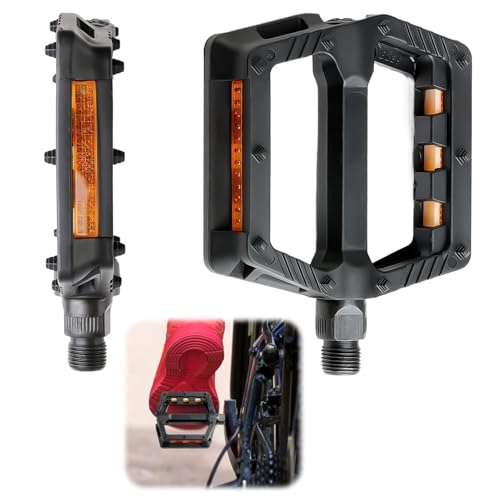 LANAFAY 9/16 Inch Bike Pedals Nylon with Reflector, 2 Aluminum Bearings Wide Bicycle Pedals with10 Removable Anti-Skid Nails, Mountain Bike Pedals, Kids Bike Pedals for BMX, MTB, Racing Bikes
