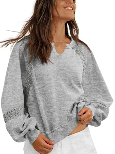 Fisoew Womens Oversized Sweatshirt Casual V Neck Lace Lantern Long Sleeve Cropped Loose Fit Fall Pullover Tops Grey