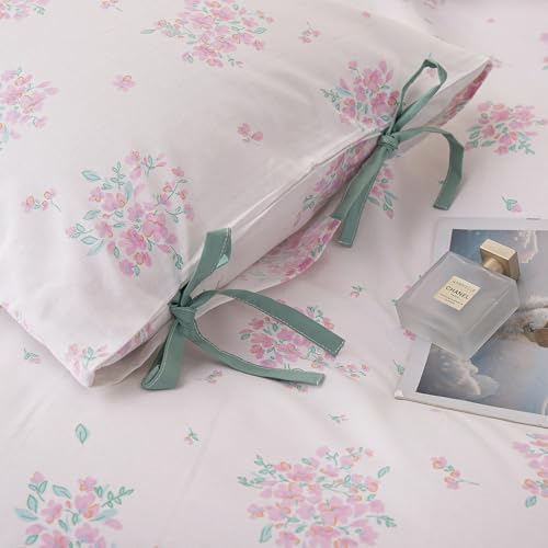Image of LifeTB Aesthetic Floral Comforter Set Queen, 3 Pieces Pink White Cottagecore Comforter Floral Bedding Set, Lightweight Vintage Botanical Flowers Comforter with 2 Bow Ties Pillowcases for Girls Women